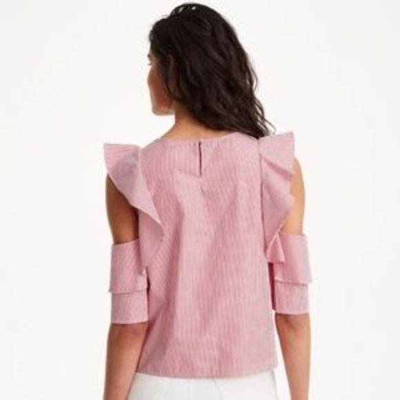 𝅺CLUB Monaco Hamisi Red White Striped Cold-shoulder Ruffle Top xs - Picture 3 of 8